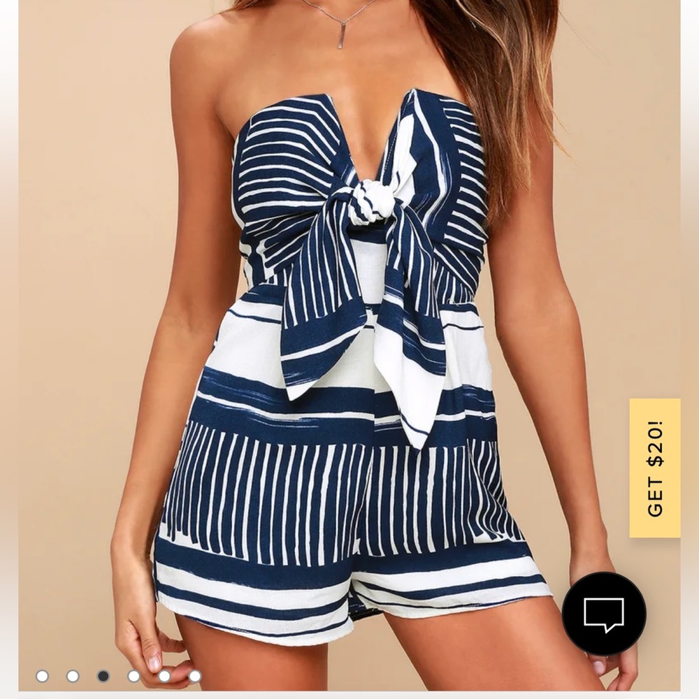 Lulus Blue and White Striped Tie-Front Strapless Romper - Picture 2 of 7